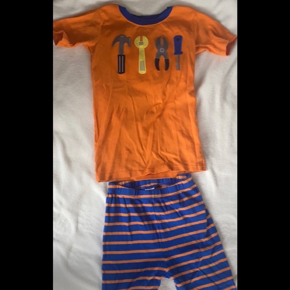 Gymboree- pajamas, short sleeve, size 10, orange and blue, tool set print